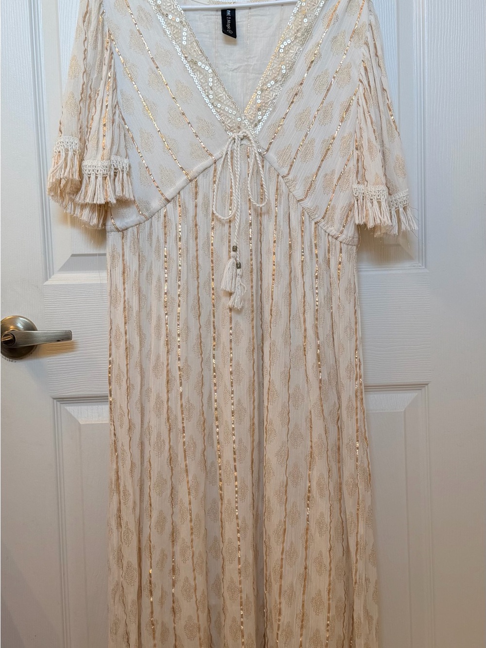 Bohemian Gauze Lined Cream Maxi Dress with Gold Sequin and Tassel Details